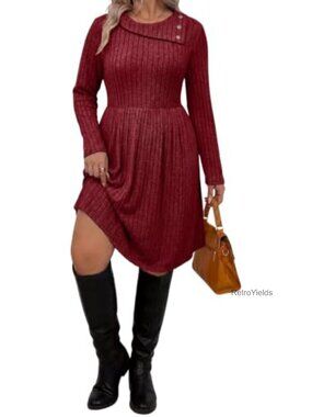 Plus Size Ribbed Knit Long Sleeve A-Line Mini Dress with Pockets